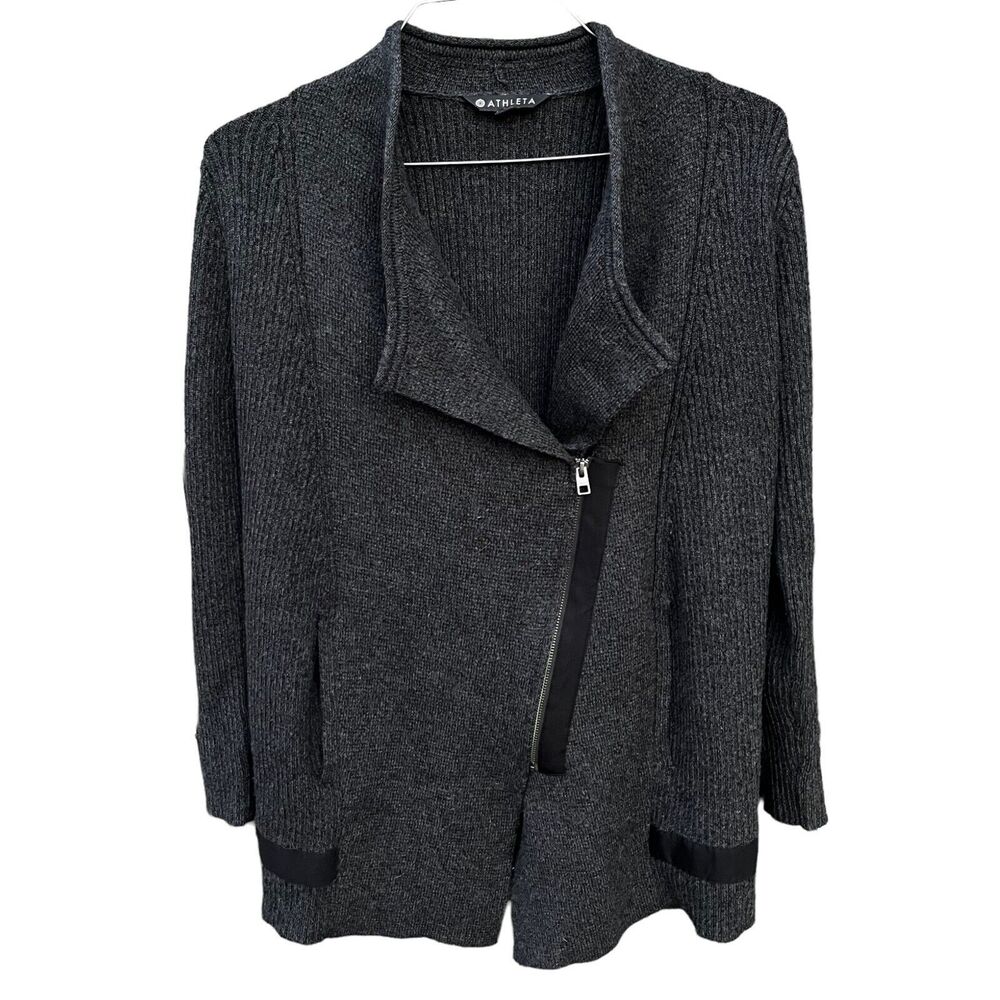 Athleta #352993 Sentinel Sweater Moto Wrap Gray Merino Wool Blend Jacket Small